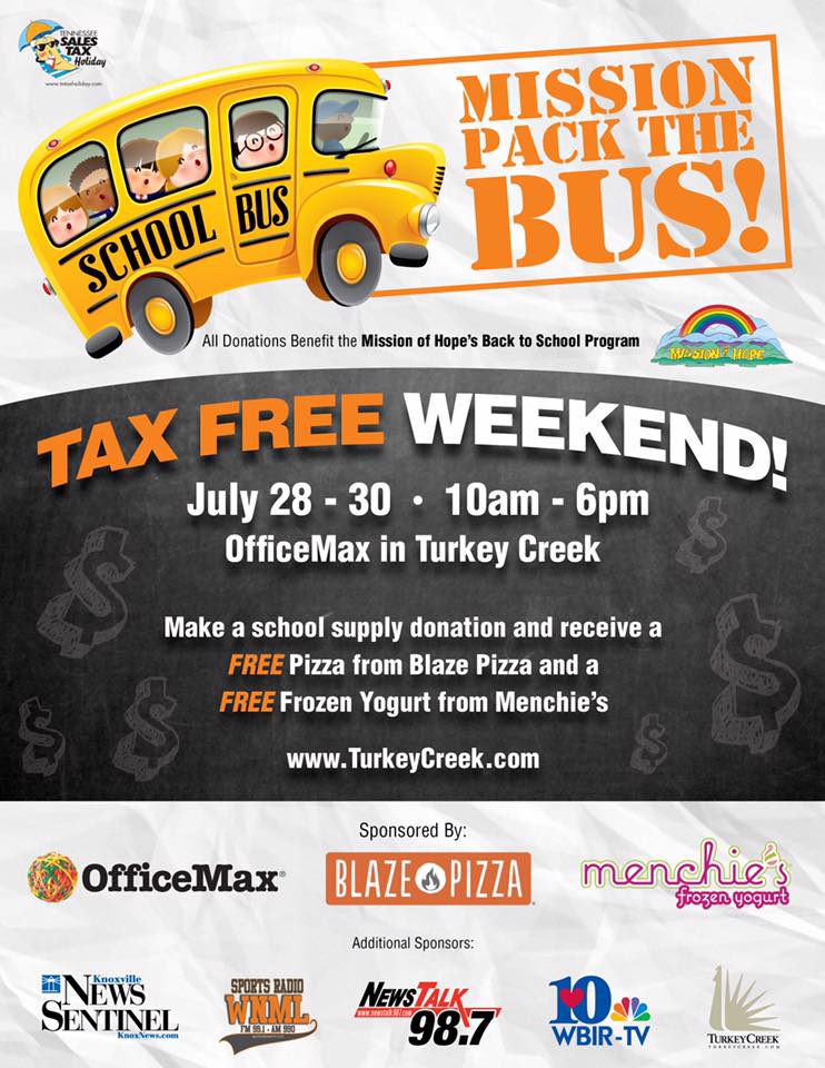 A flyer for the mission back to the bus tax free weekend.