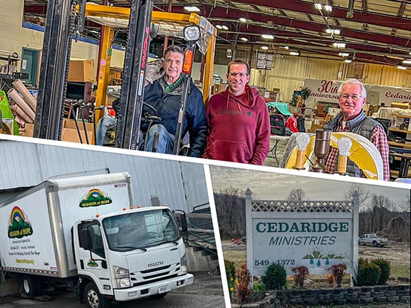 Three pictures of men in front of a truck and a sign that says cedarbridge ministries.