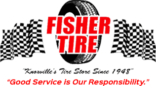 The fisher tire logo with a checkered background.