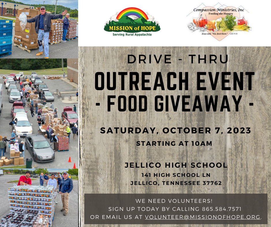 A flyer for the drive thru outreach event food giveaway.