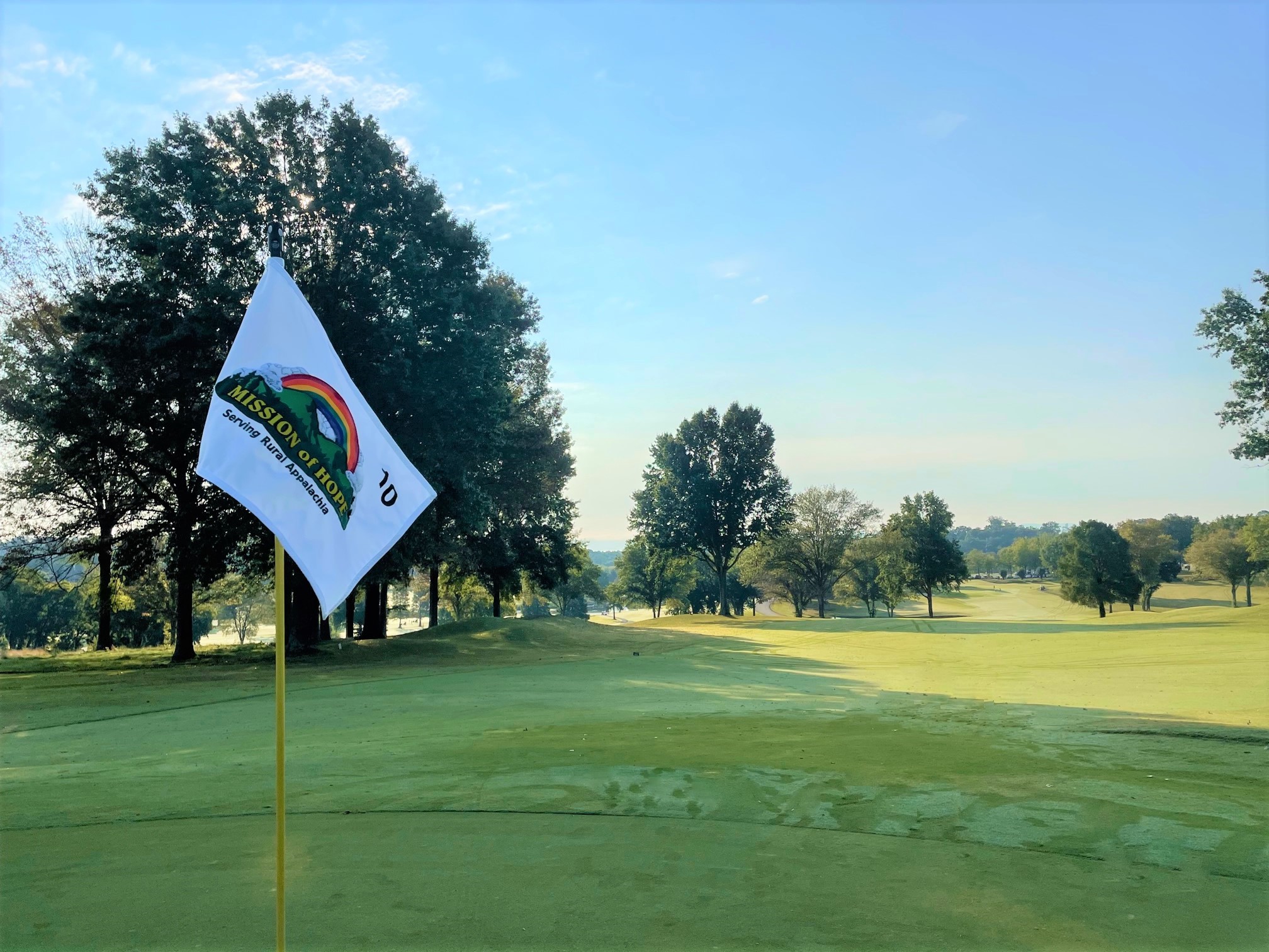 A flag on a golf course with trees in the background.