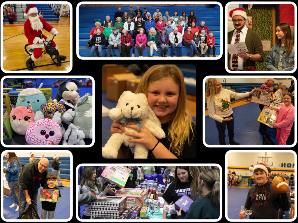 A collage of pictures with a girl holding a teddy bear and santa claus.