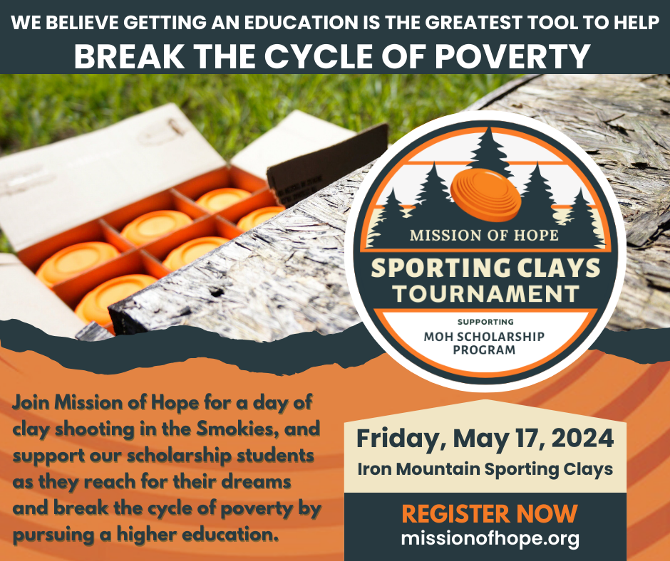 An advertisement for a sporting clay shooting event called "sporting clays for a cause" organized by mission of hope, scheduled for may 17, 2024, to support educational scholarships aimed at.