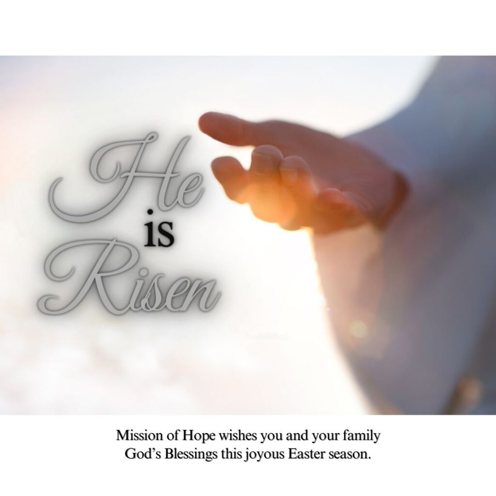 A hand reaching out with text overlay saying "he is risen" in celebration of easter.