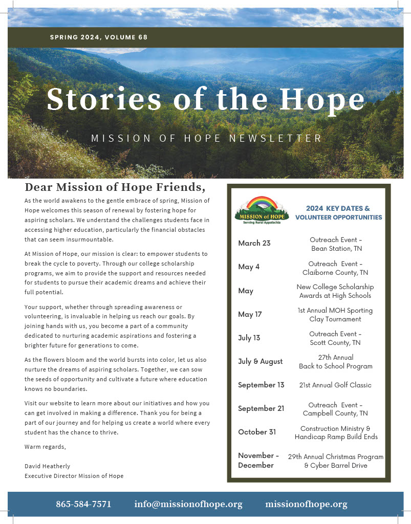 Hope Newsletter titled "stories of hope" by mission of hope with a scenic mountain view background, alongside a schedule of events and contact information.