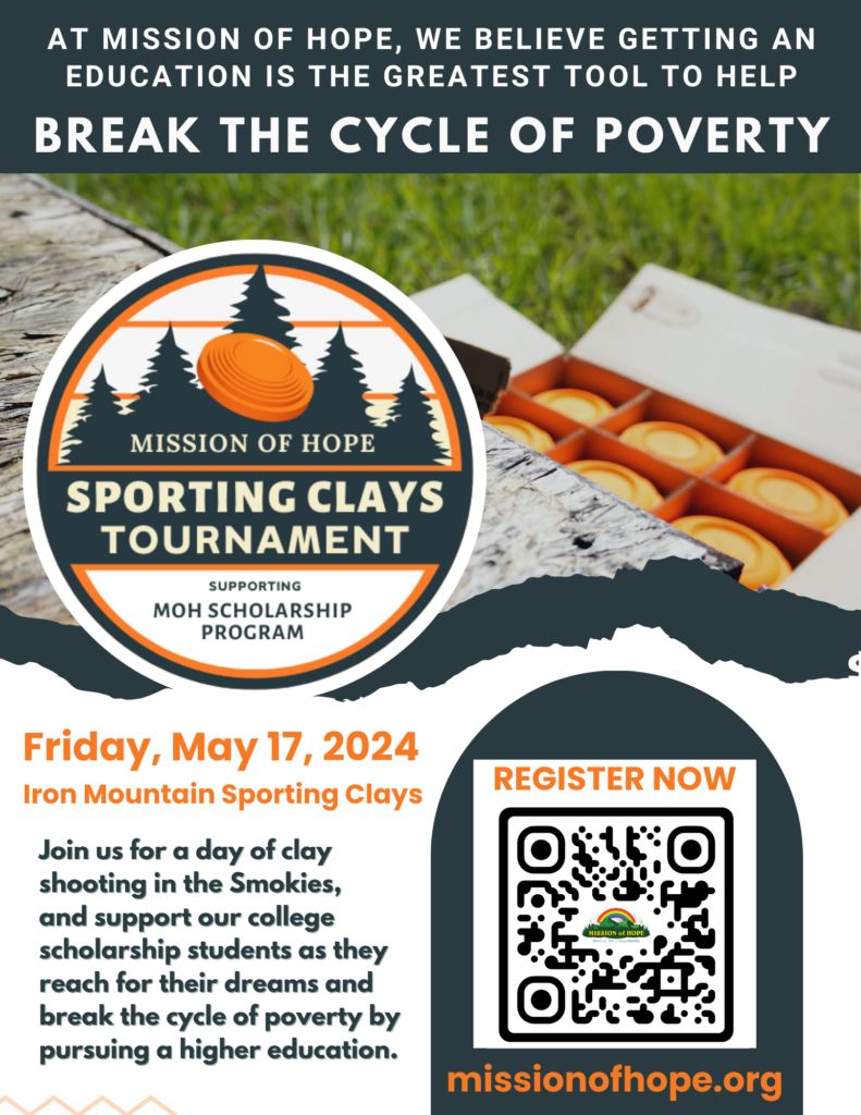 Poster for the mission of hope sporting clays tournament on may 17, 2024, promoting education as a tool to break the cycle of poverty, with event details and qr code for registration.