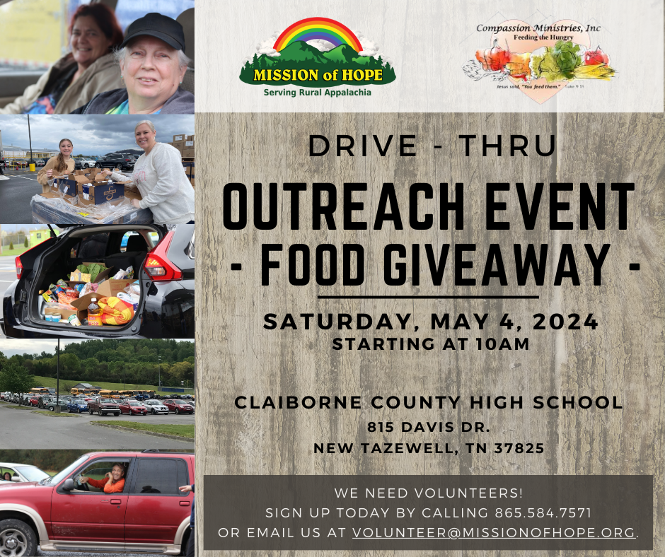 Poster for a food giveaway event by mission of hope at claiborne county high school on may 4, 2024, featuring images of volunteers and packed cars.